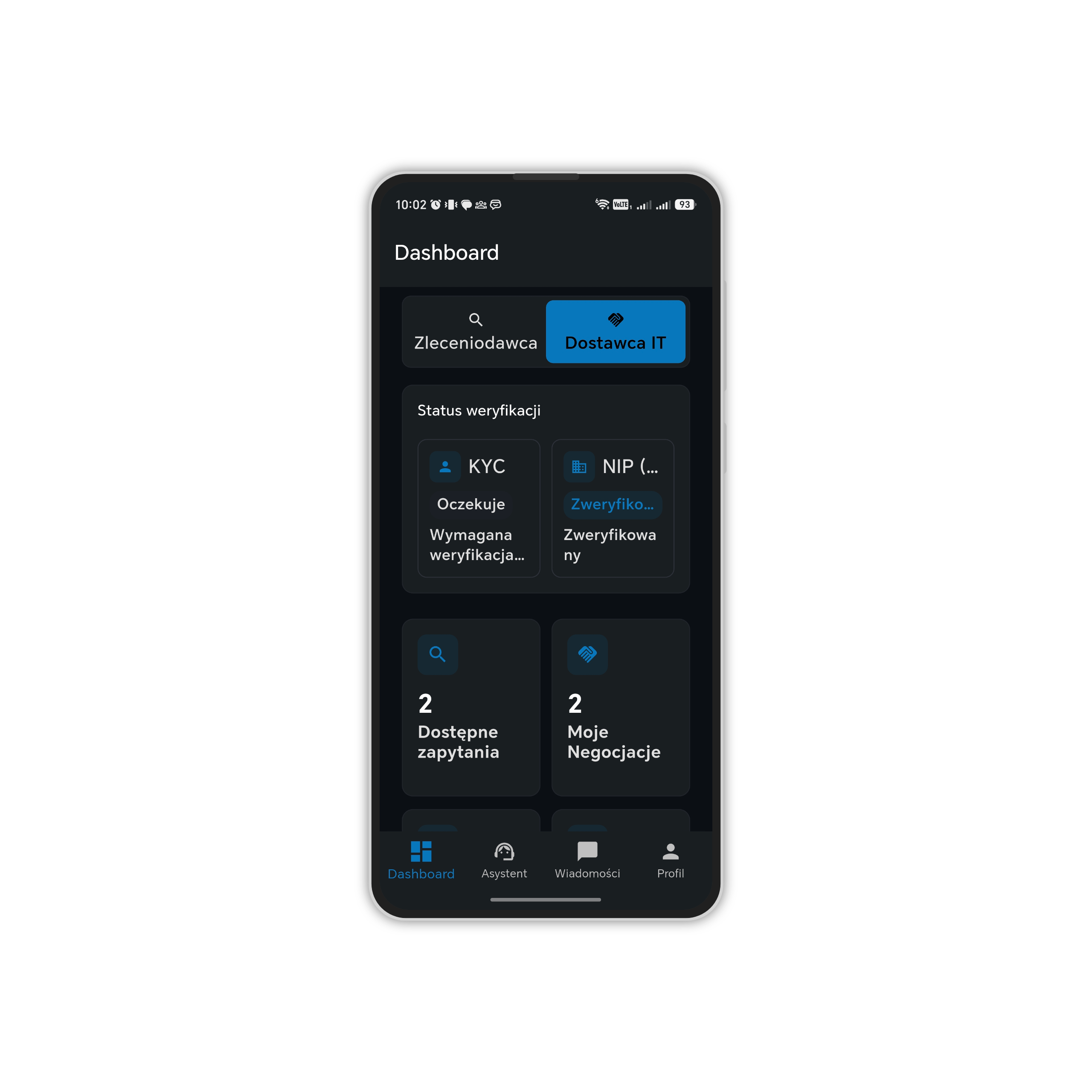 Dashboard dostawcy IT w aplikacji mobilnej Polybility