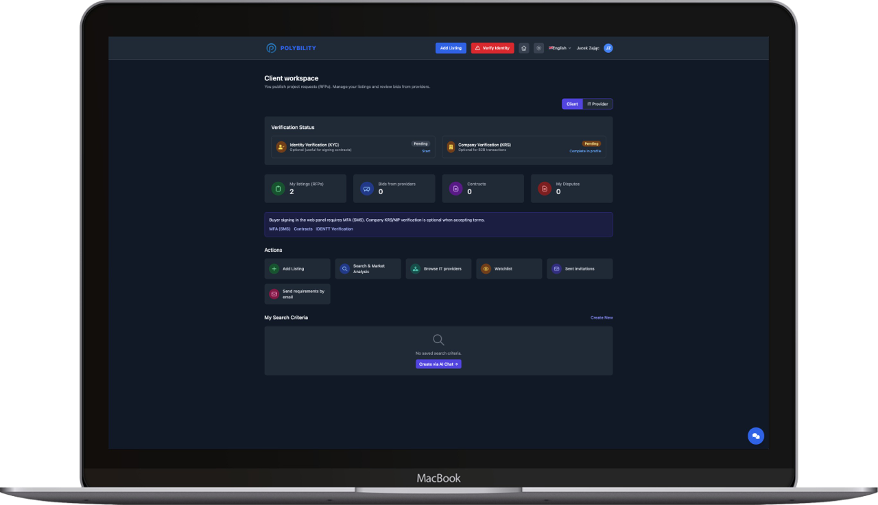 Workspace poszukiwacza w aplikacji Polybility na komputerze
