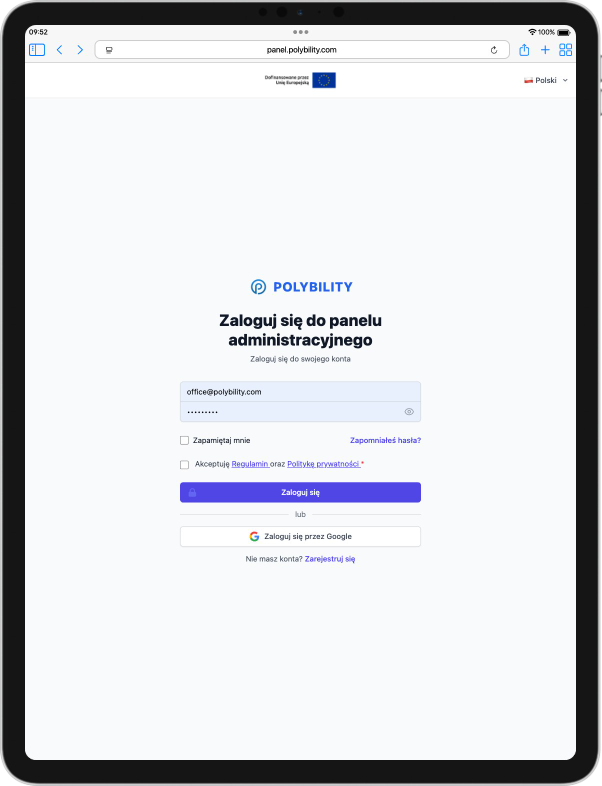 Panel logowania w aplikacji Polybility na tablecie